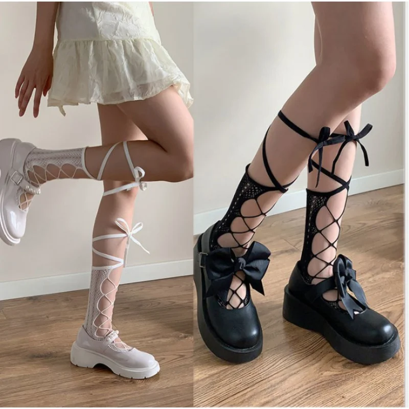 Alb Lolita Cruce Curea de Vara Subtiri Femei Vițel în Stil Japonez Elevii JK Picior de Frumusete Ciorapi Ciorapi de Plasă
