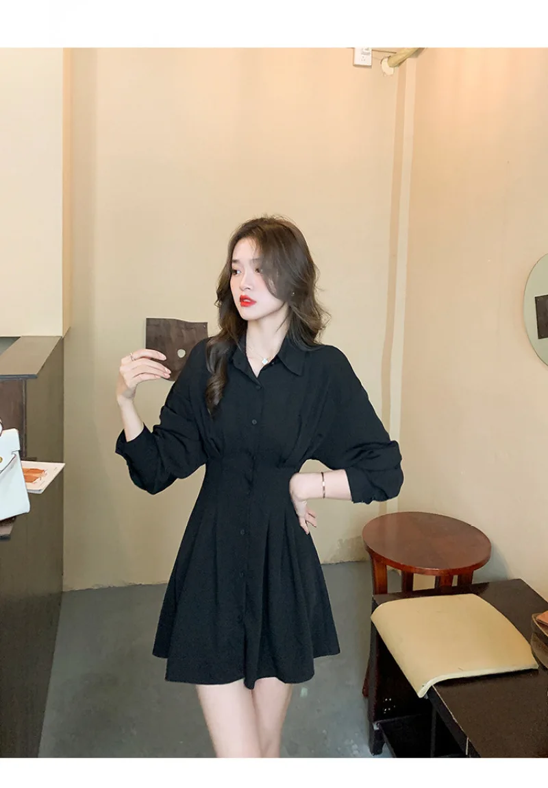 Guler de Turn-down a-line Rochie de Femei de Înaltă Talie Subțire Moda franceză Mini Rochii Scurte de Toamnă și de Iarnă Nou Solid Negru Rochie