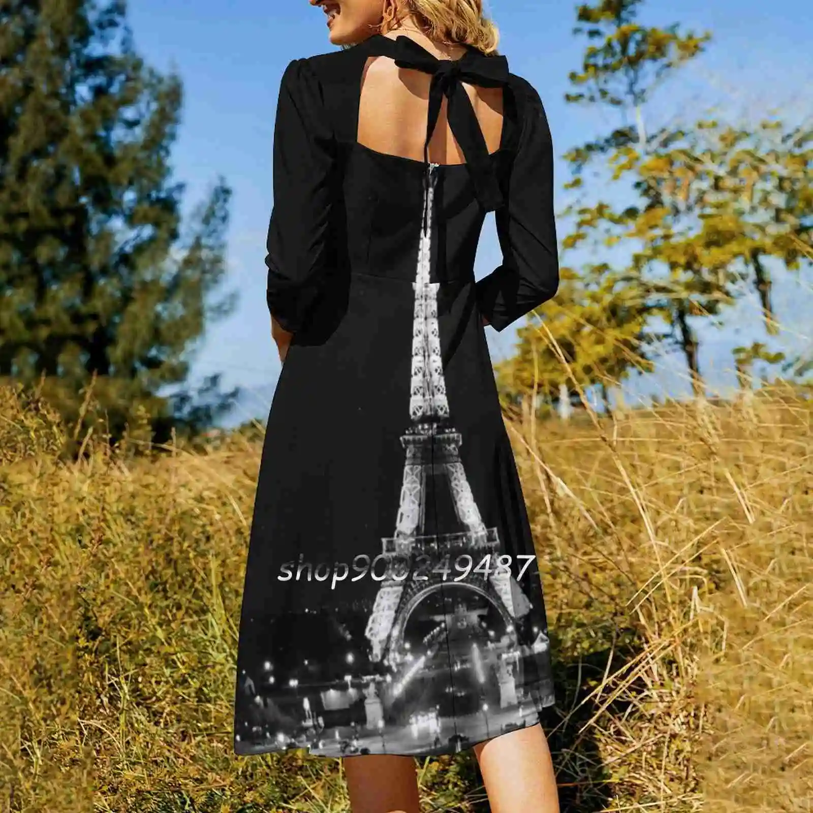 Turnul Eiffel Din Paris Pe Timp De Noapte Alb-Negru Și Gât Pătrat Rochie Drăguț Liber De Imprimare Rochii Elegante De Petrecere Pe Plaja Rochie De Turnul Eiffel