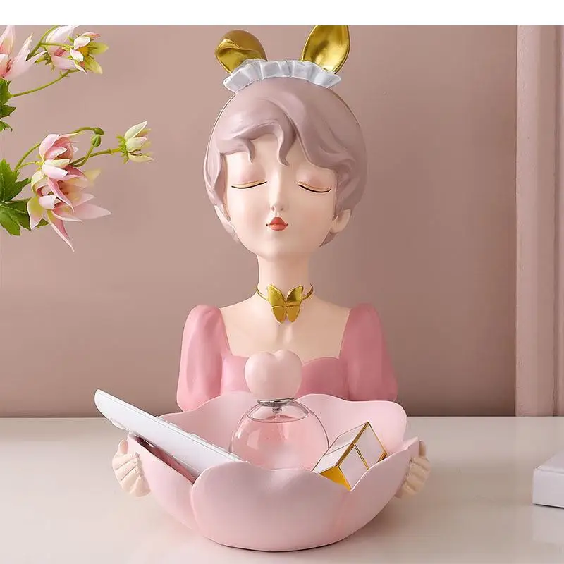 Drăguț Bunny Fata Tavi Decorative Platou Cu Fructe Cutie Pictat Personajul Rășină Statuie Decor Birou Tava De Stocare Containere Cosmetice