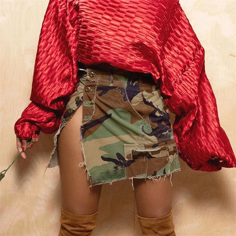 Camuflaj Mini Cargo Fuste Femei De Moda Mare Parte Fantă Butonul Frontal Talie Buzunare Ciucure Creion Fusta Casual Streetwear